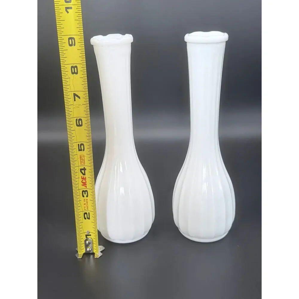 Vintage CLG Co Milk Glass Bud Vases Set of 2 Fluted Scalloped Rim 9.25in